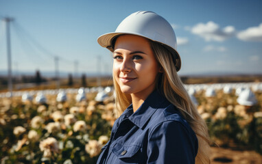 A beautiful female inspector conducts an inspection at a factory with natural energy