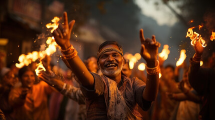Unidentified Hindu people celebrate Holi or Diwali festival. - obrazy, fototapety, plakaty
