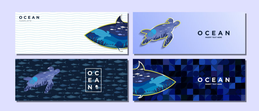 Set of Marine and ocean concept paper art banner templates with copy space. Blue paper origami ocean inside fish and turtle shaped gold frames with turtle, jelly fish, and fishes. Vector Illustration.