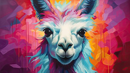 Zbliżenie na głowę kolorowej alpaki namalowanej na abstrakcyjnym obrazie. 