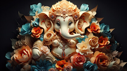 Hindu God Ganesha statue made of flowers. - obrazy, fototapety, plakaty
