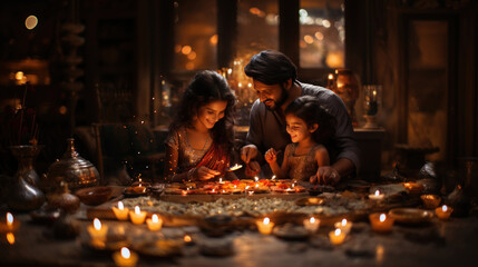 Indian family celebrating diwali festival with lit candles and sweets.