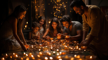 Group of indian people lighting candles for Diwali festival.