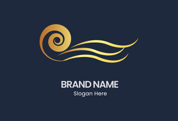 a logo symbol representing a wave flow. The symbol depicts a motion stream of water in an aqua vector icon. The logo design is created with a luxury gold line, featuring a simple and modern representa