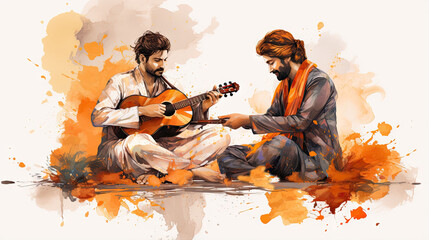 Indian men playing guitar and singing in watercolor splashes background.