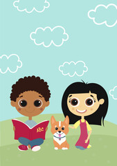 two cute cartoon kindergarten children and a corgi dog. vector illustration of boy and girl sitting on grass with dog. happy kids learning outdoors