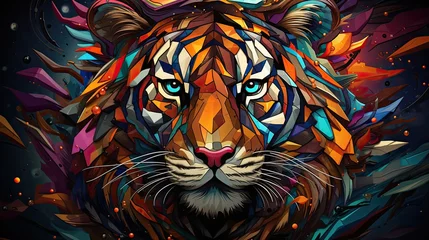 Zelfklevend Fotobehang Kolorowy tygrys w kolorach całej tęczy przedstawiony na abstrakcyjnym obrazie.  © Bear Boy 