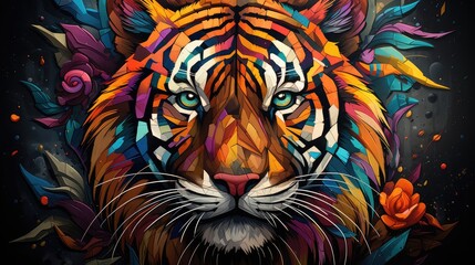 Kolorowy tygrys w kolorach całej tęczy przedstawiony na abstrakcyjnym obrazie. 