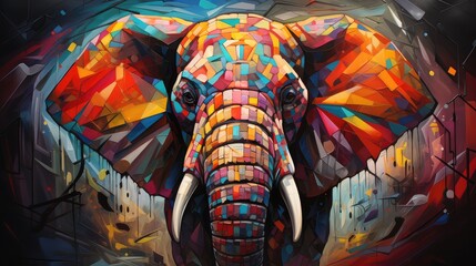 Kolorowy słoń w kolorach całej tęczy przedstawiony na abstrakcyjnym obrazie.  - obrazy, fototapety, plakaty