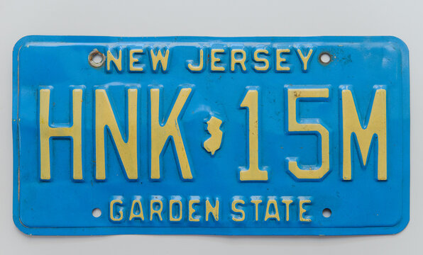 Vintage, classic blue New Jersey, Garden State licence plate from the 80's, 90's. Vintage, retro. 