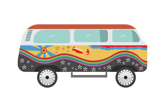 Hippie bus vector illustration, A retro hippie bus is isolated against a white background. It is depicted as a vector illustration and serves as a comic character for textile purposes. The bus, adorne