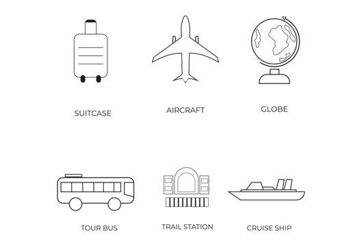 A concise set of vector line icons related to travel and tourism. It includes icons such as a tour bus, suitcase, cruise ship, train station, globe, and airplane. The strokes of the icons are editable