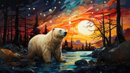 Niedźwiedź polarny w zimowym lesie.  - obrazy, fototapety, plakaty