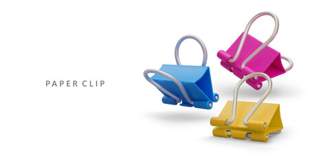 Colored paper clips. Stationery. Realistic binder clip with shadows on white background. Symbol of fixation, binding. Archiving, careful storage of documents
