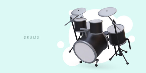 Advertising poster for musical instrument shop with 3d realistic drum set. Concept of hobby and creating music. Vector illustration with blue background