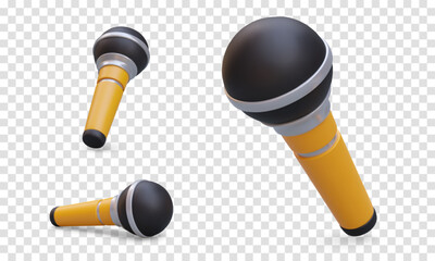 Set of 3D microphones. Gadget for recording sound. Instrument of singer, presenter, entertainer. Vector object in different positions. Device for karaoke