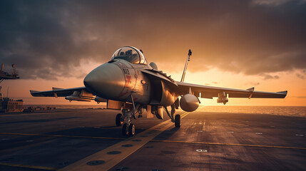 Jet fighter on an aircraft carrier at sunset in evening, generative AI - obrazy, fototapety, plakaty