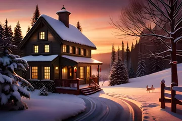 Fotobehang Christmas bright light house in the snow at sunset © Sam