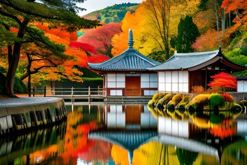 japanese garden in autumn - obrazy, fototapety, plakaty