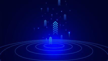Abstract blue lines and up arrow for digital technology concept. Data transfer and internet speed background design.
