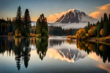 sunrise over the lake with reflection of moutains and trees © Sam