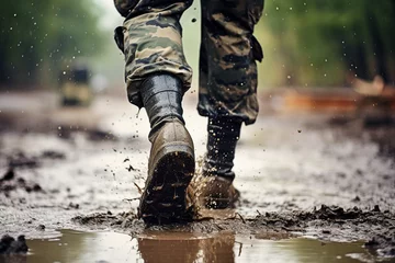 Fotobehang Made with generative AI close up image of a military male person running on rainy muddy battlefield ground © deagreez