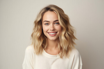 Fototapeta premium Generative AI illustration collage charming blonde woman smiling white teeth good mood isolated pastel color wall background
