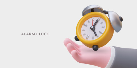 3d realistic hand holding yellow alarm clock. Advertising and promotion with alarm clock. Colorful vector illustration with place for text and gray background