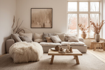 A Cozy Scandinavian Boho Haven: Serene Vibes and Earthy Tones in a Dreamy Living Room with Natural Textures, Minimalist Decor, and Inviting Scandinavian Elements.