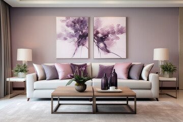 A Serene and Sophisticated Modern Living Room with Plush Seating, Lavish Mauve Accents, and Contemporary Design, featuring Stylish Statement Pieces, Tasteful Artwork, Sleek Furnishings