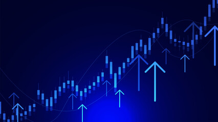 Candle stick stock market graph and up arrow for business, financial investment interest rating increasing concept background. - obrazy, fototapety, plakaty