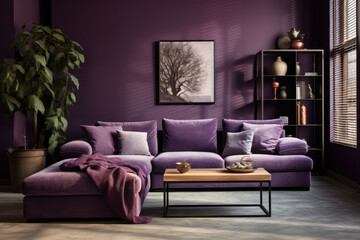 Discover the enchanting aura of a modern living room interior in eggplant colors, elegantly vibrant with stylish furniture, cozy comfort, and ambient lighting, creating a chic