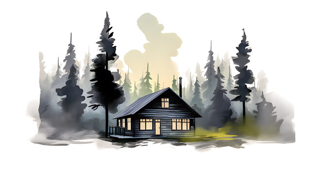 Watercolor style of a small house in the big forest in black tones.
