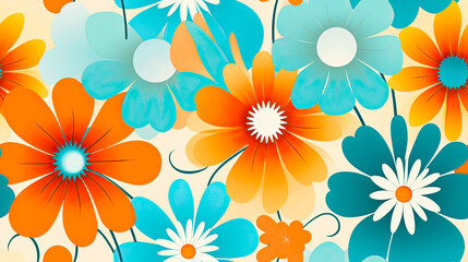 Fototapeta na wymiar Seamless 70s Retro floral Style poster art with flowers, and retro colors such as orange, pale blue, yellow and greens. Background wall art. Repetitive texture.