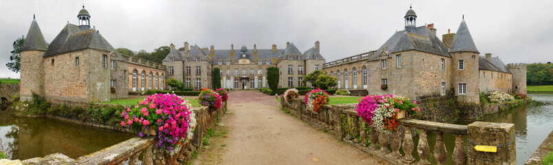 Fototapeta na wymiar Flamanville castle in the Cotentin region of Normandy, France, on a rainy and misty day