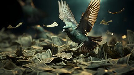 A bird soaring above a mountain of money, symbolizing financial freedom and success, created with Generative AI technology