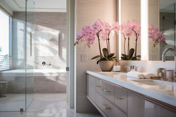 Transformed into an elegant oasis, this modern bathroom exudes comfort and style with delicate pink color accents, clean lines, minimalist fixtures, soothing tiles, and refreshing accessories.