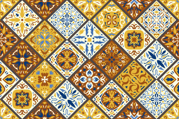 Set of patterned azulejo floor tiles background. Seamless colorful pattern. Abstract geometric patchwork. Collection of ceramic tiles in turkish style. Portuguese and Spain decor. Islam, Arabic