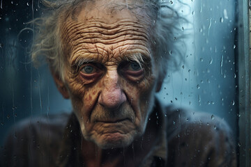 Close up photography of elderly homeless man with disheveled appearance beard dirty clothes seeking aid on street generative ai