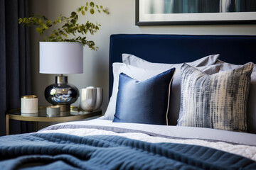 A Serene Bedroom Haven: Immersed in Deep Indigo Tones, Creating a Calming and Stylish Retreat with Elegant Furniture, Soothing Accents, and Luxurious Textiles.