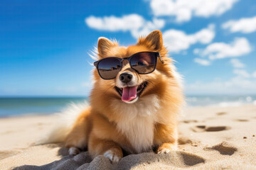 Charming Dog, Sporting Stylish Sunglasses, Frolicking On Sunsoaked Sandy Beach During Scorching Summer Day By The Ocean