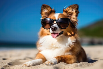 Charming Dog, Sporting Stylish Sunglasses, Frolicking On Sunsoaked Sandy Beach During Scorching Summer Day By The Ocean
