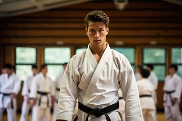 Fotobehang Karate Practitioner In Dojo Hall, Dressed In White Kimono And Black Belt, Engages In Martial Arts Training, With Students Observing In The Background © Anastasiia