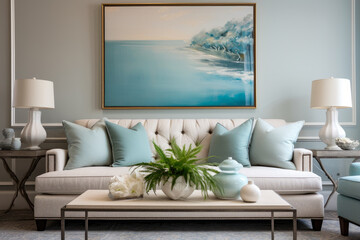 A Stylish and Serene Living Room Interior in Turquoise and Gray Colors, Creating a Contemporary Harmony of Tranquility and Elegance with Calming Lighting and Trendy Accessories.