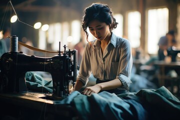 Photo Captures Asian Seamstress In Textile Factory, Skillfully Sewing With Industrial Sewing Machines, Highlighting The Craftsmanship That Goes Into Creating Textiles