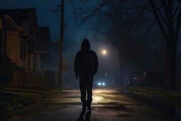 Mysterious Silhouette Of Person Wearing Hoodie, Traversing The Dark Streets Of Neighborhood Under The Faint Glow Of Streetlight On Late Night