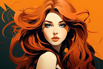 Ilustracja pięknej rudowłosej dziewczyny namalowanej na pomarańczowym tle.  - obrazy, fototapety, plakaty