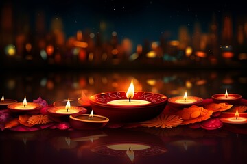 Diwali festival of lights background with candles and bokeh.