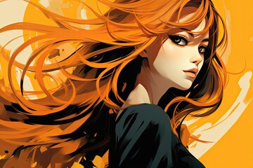 Ilustracja pięknej rudowłosej dziewczyny namalowanej na pomarańczowym tle.  - obrazy, fototapety, plakaty