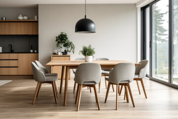 Fototapeta premium A Serene and Minimalistic Scandinavian Dining Room with Clean Lines, Neutral Colors, and Sleek Furniture Creating a Calm and Cozy Atmosphere.